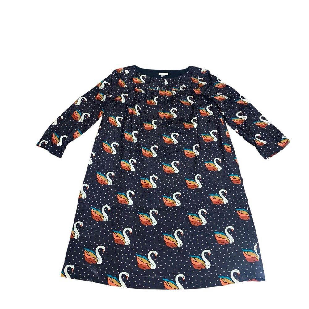 Fossil Black Swan & Dot Print Dress Lined 100% Silk Size XS